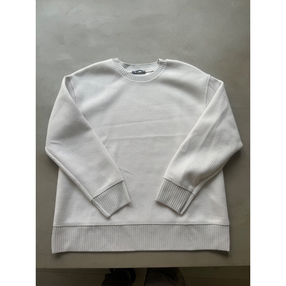 ZARA Ribbed Crew Neck Long Sleeve Pullover Sweater Women Size M Beige